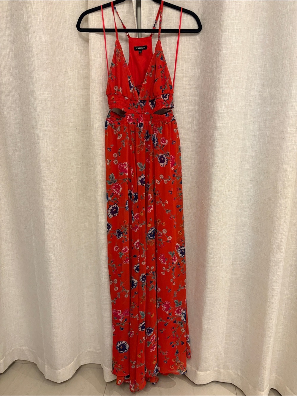 Express Red Floral Maxi Dress with Spaghetti Straps